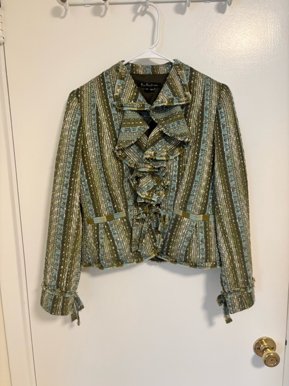 ECI Ruff Hewn Green Striped Ruffle Front Women's Jacket Size 4 Petite